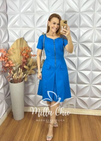 Vestido Olga Em Tricoline Algodão - Azul - Milla Chic