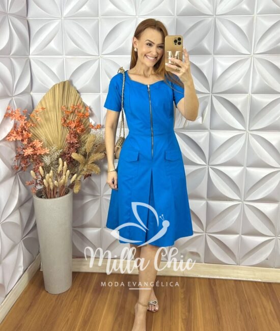 Vestido Olga Em Tricoline Algodão - Azul - Milla Chic