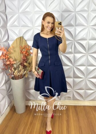 Vestido Olga Em Tricoline Algodão - Azul Marinho - Milla Chic