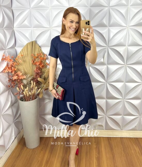 Vestido Olga Em Tricoline Algodão - Azul Marinho - Milla Chic