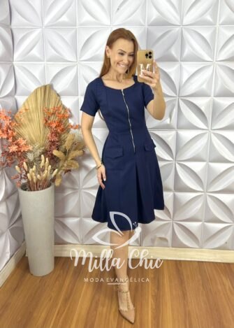 Vestido Olga Em Tricoline Algodão - Azul Marinho - Milla Chic