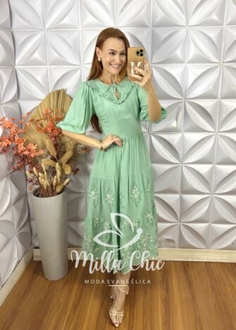 Milla Chic - millachic com br vestido rebecca em rayon bordado 2 Vestido Rebecca Em Rayon Bordado - Verde - Milla Chic