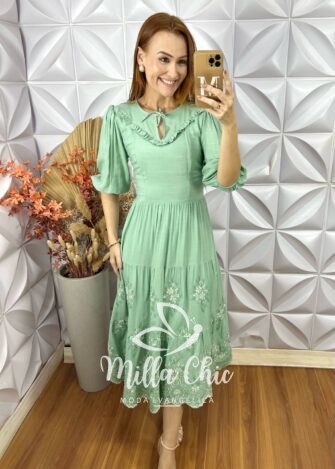 Milla Chic - millachic com br vestido rebecca em rayon bordado 4 Vestido Rebecca Em Rayon Bordado - Verde - Milla Chic