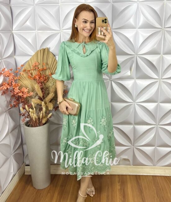 Vestido Rebecca Em Rayon Bordado - Verde - Milla Chic