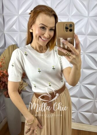 Blusa Gorete Em Tricot Modal Bordada- Branco - Milla Chic