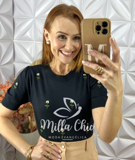 Blusa Gorete Em Tricot Modal Bordada- Preto - Milla Chic