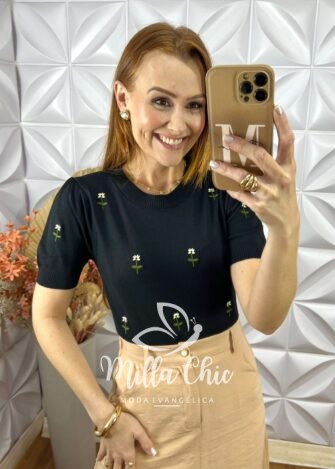 Blusa Gorete Em Tricot Modal Bordada- Preto - Milla Chic