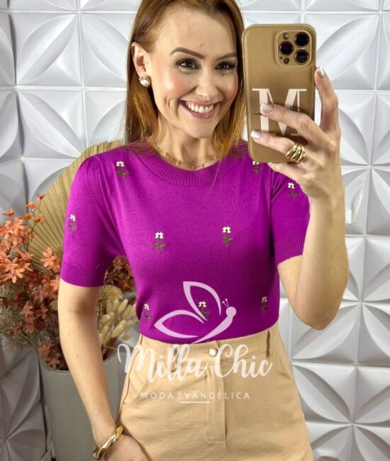 Blusa Gorete Em Tricot Modal Bordada- Roxo - Milla Chic