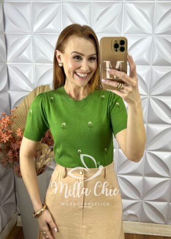 Blusa Gorete Em Tricot Modal Bordada- Verde - Milla Chic