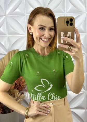 Blusa Gorete Em Tricot Modal Bordada- Verde - Milla Chic