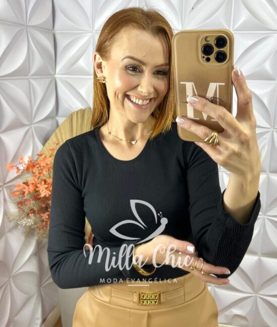 Blusa Manga Longa Térmica Flanelada - Preta - Milla Chic