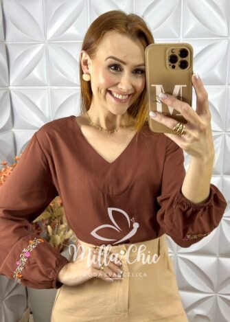Blusa Mariane Bordada Em Viscolinho -Marrom - Milla Chic