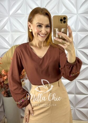 Blusa Mariane Bordada Em Viscolinho -Marrom - Milla Chic