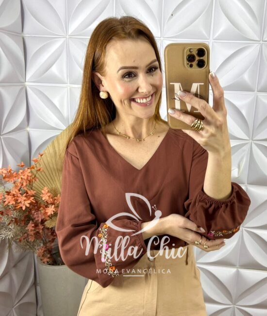 Blusa Mariane Bordada Em Viscolinho -Marrom - Milla Chic