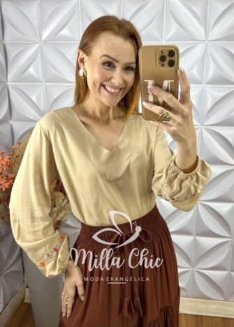 Blusa Mariane Bordada Em Viscolinho - Bege - Milla Chic