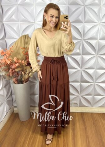 Blusa Mariane Bordada Em Viscolinho - Bege - Milla Chic