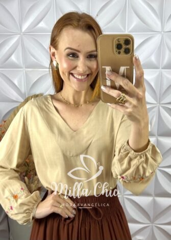 Blusa Mariane Bordada Em Viscolinho - Bege - Milla Chic