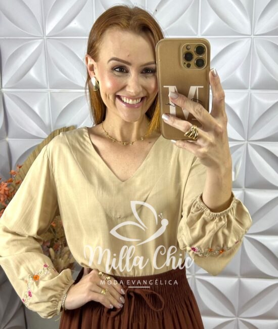 Blusa Mariane Bordada Em Viscolinho - Bege - Milla Chic