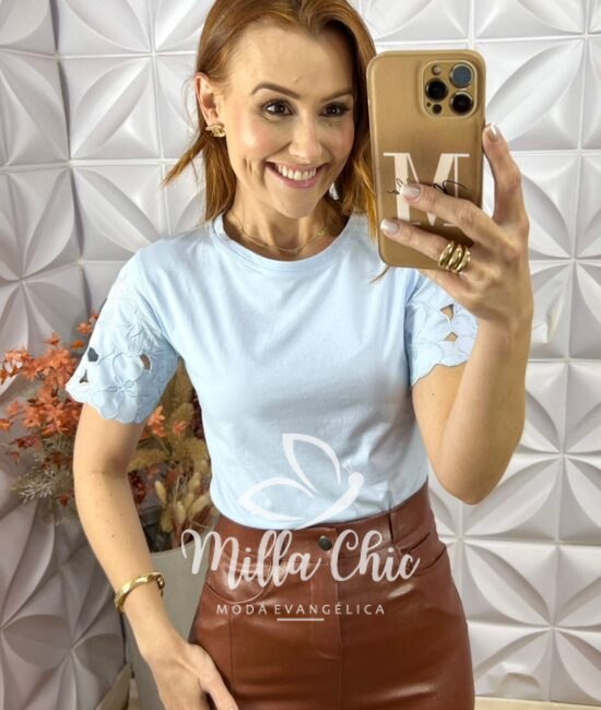 Blusa Sabrina Malha Algodão Bordada- Azul - Milla Chic