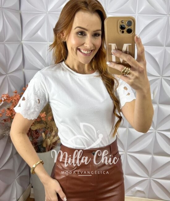 Blusa Sabrina Malha Algodão Bordada- Branco - Milla Chic