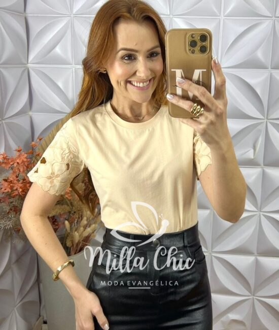 Blusa Sabrina Malha Algodão Bordada- Manteiga - Milla Chic