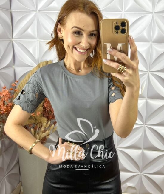 Blusa Sabrina Malha Algodão Bordada- Cinza - Milla Chic