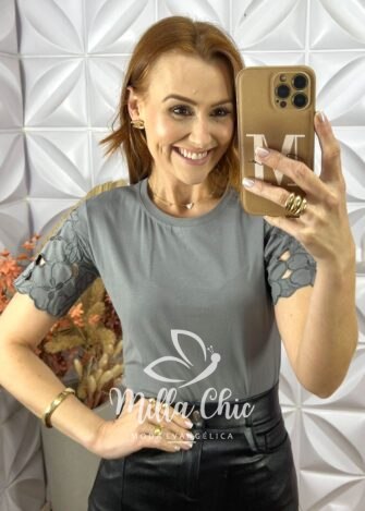 Blusa Sabrina Malha Algodão Bordada- Cinza - Milla Chic