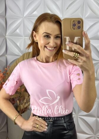 Blusa Sabrina Malha Algodão Bordada- Rosa - Milla Chic