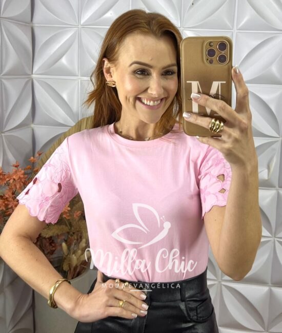 Blusa Sabrina Malha Algodão Bordada- Rosa - Milla Chic