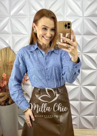 Milla Chic - millachic com br camisa ester em lesie algodao caramelo copia 2 Camisa Ester Em Lesie Algodão - Azul - Milla Chic