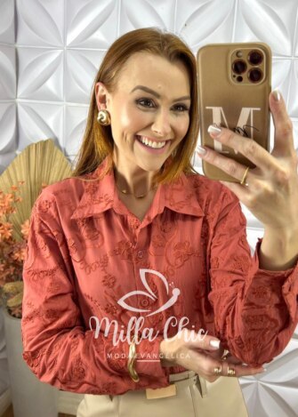 Milla Chic - millachic com br camisa ester em lesie algodao terracota 1 Camisa Ester Em Lesie Algodão - TerraCota - Milla Chic