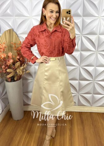 Milla Chic - millachic com br camisa ester em lesie algodao terracota 2 Camisa Ester Em Lesie Algodão - TerraCota - Milla Chic