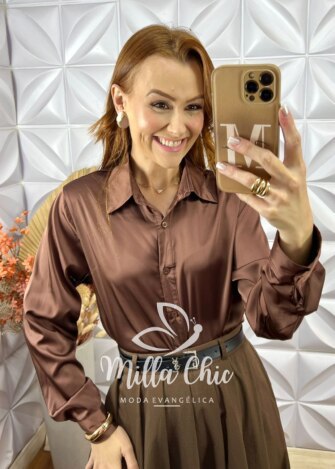Camisa Patrícia Em Cetim - Marrom - Milla Chic