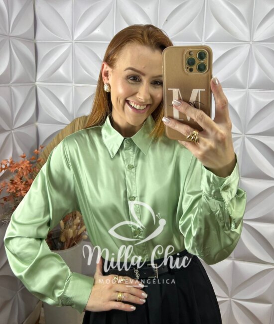 Camisa Patrícia Em Cetim - Verde - Milla Chic