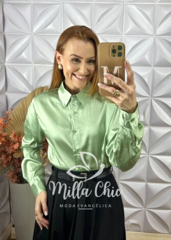 Camisa Patrícia Em Cetim - Verde - Milla Chic