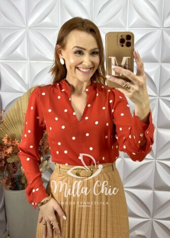 Camisa Silvia Em Poá - Laranja - Milla Chic
