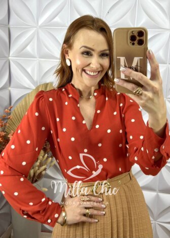 Camisa Silvia Em Poá - Laranja - Milla Chic