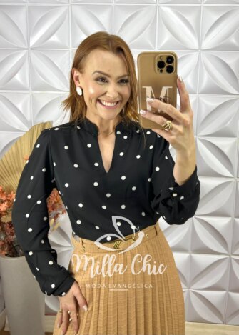 Camisa Silvia Em Poá - Preto - Milla Chic
