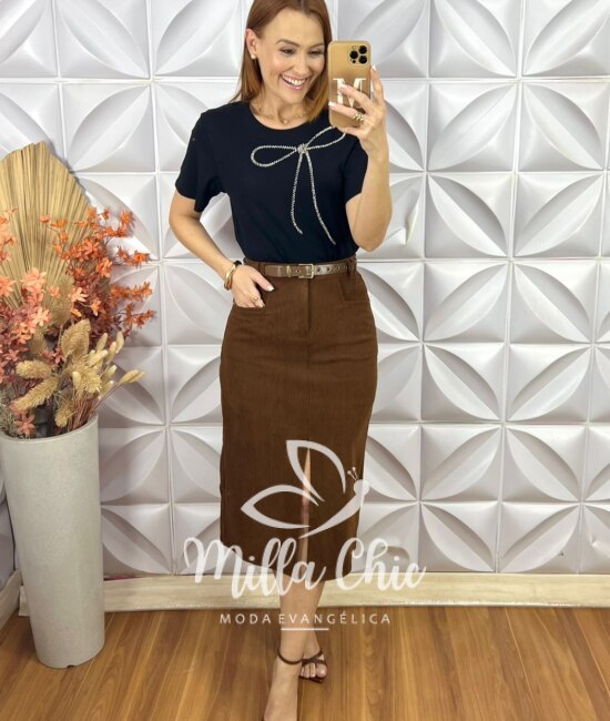 Saia Altina Em Cotelê - Marrom - Milla Chic
