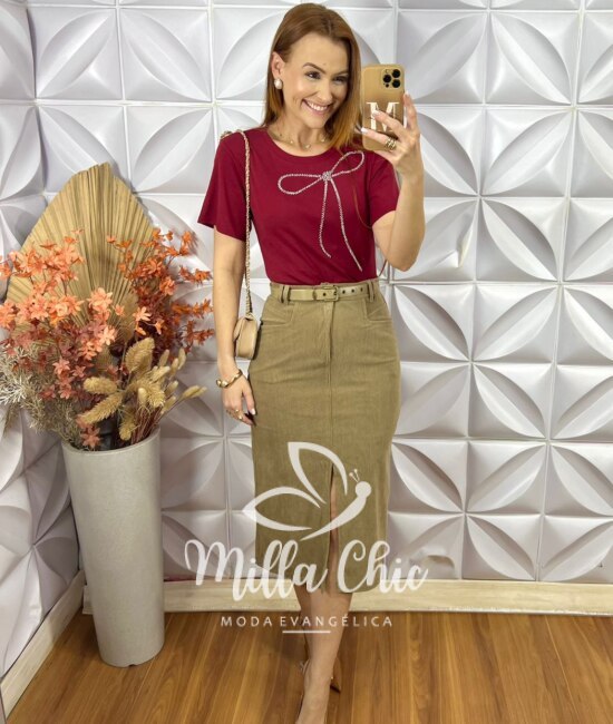 Saia Altina Em Cotelê - Bege - Milla Chic