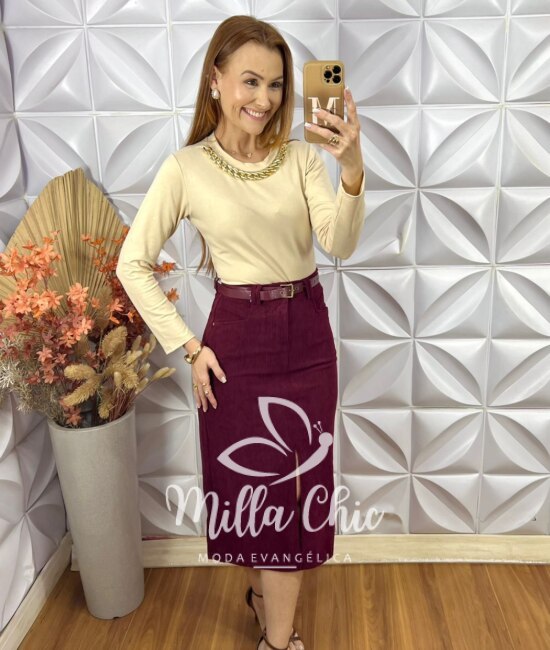 Saia Altina Em Cotelê - Marsala - Milla Chic