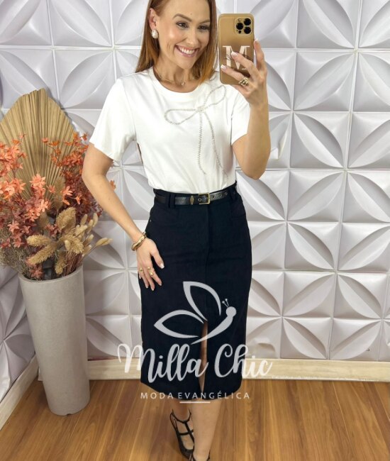 Saia Altina Em Cotelê - Preta - Milla Chic