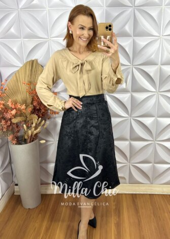 Saia Deisy em lesie P.U bordada - Preto - Milla Chic