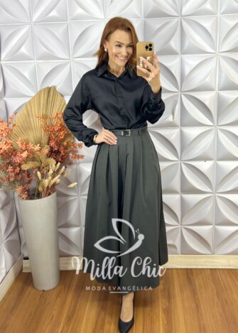 Saia Fátima Em Pregas - Cinza - Milla Chic