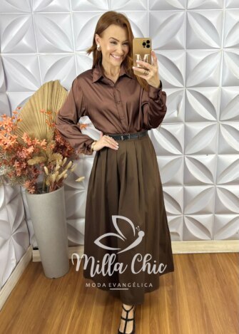 Saia Fátima Em Pregas - Marrom - Milla Chic