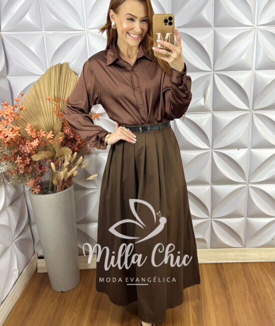 Saia Fátima Em Pregas - Marrom - Milla Chic