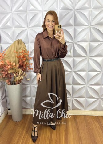 Saia Fátima Em Pregas - Marrom - Milla Chic