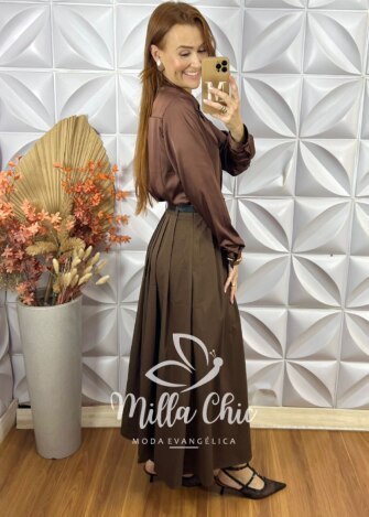 Saia Fátima Em Pregas - Marrom - Milla Chic