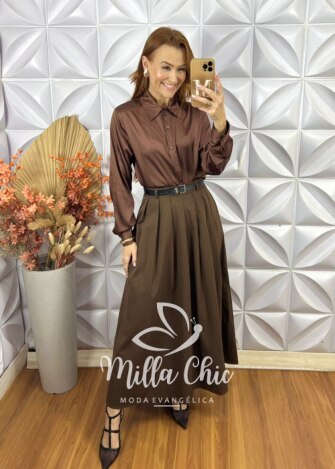 Saia Fátima Em Pregas - Marrom - Milla Chic