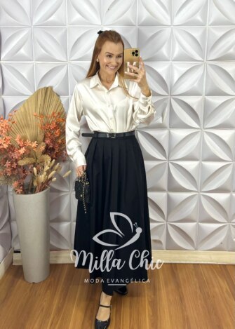 Saia Fátima Em Pregas - Preta - Milla Chic